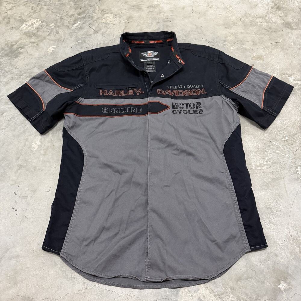 Mens Harley Davidson Black Gray Embroidered Snap Button Shirt Size Medium
